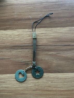 Fendi goldish leather strap charm with gold chain & grayish-green pendants